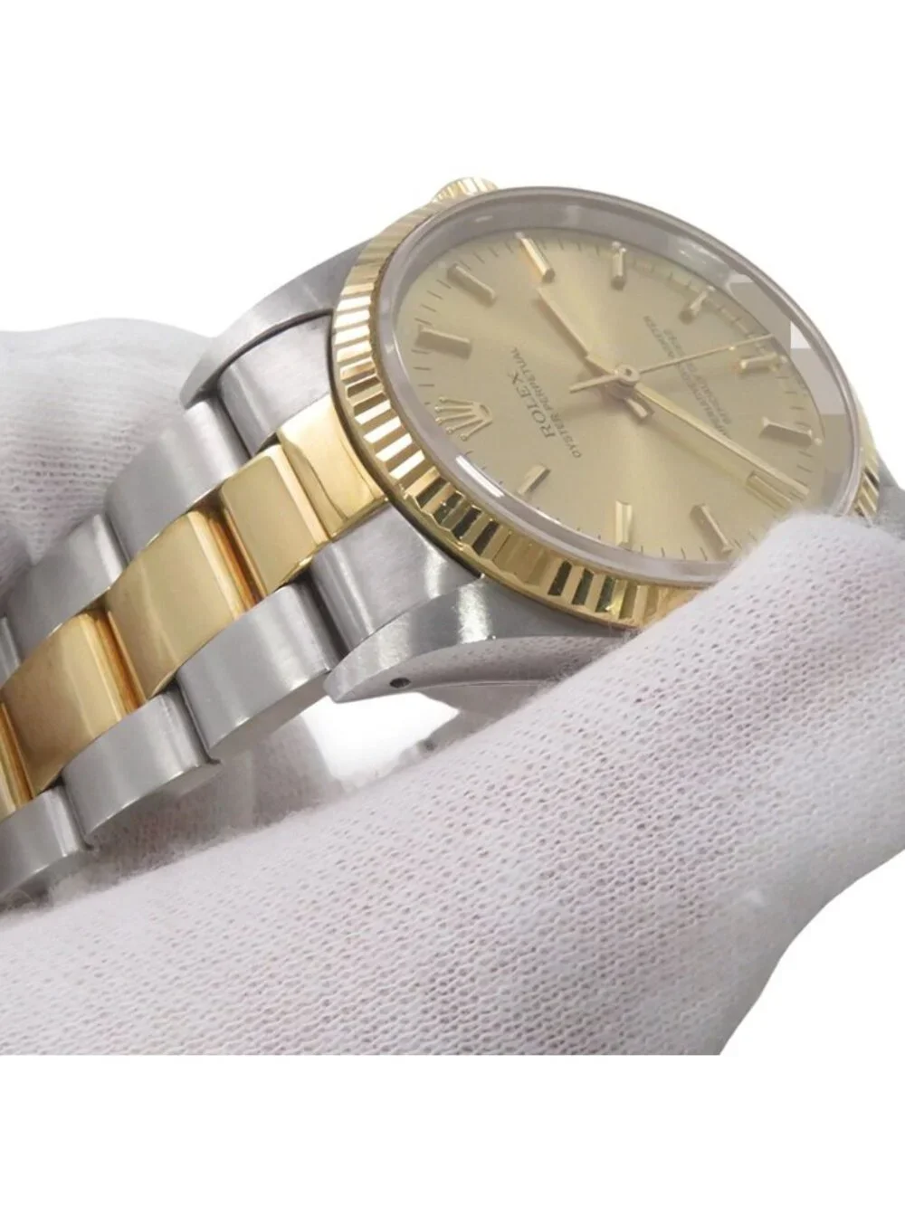 Rolex Oyster Perpetual SS 18k Yellow Gold Number Watch Champagne Dial